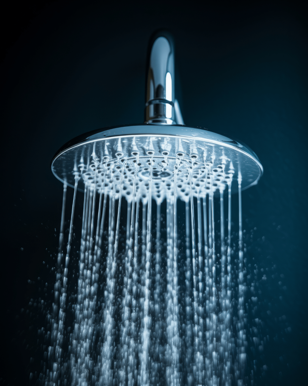 Limescale free and clean chrome shower head with fast flowing water coming out