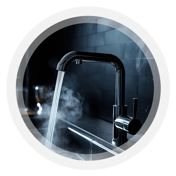 Sparkling clean chrome tap dispensing hot water