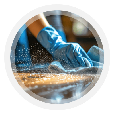 Hands with blue gloves on cleaning a work surface with a cleaning product