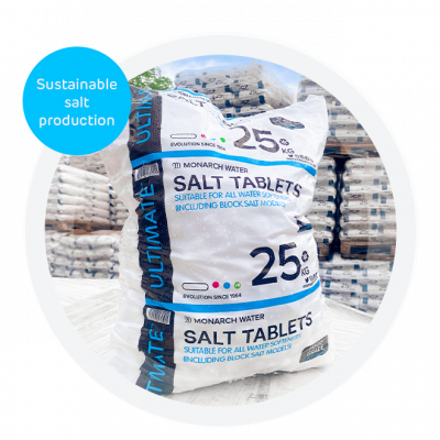 Monarch Water 25kg salt bag on a pallet with added roundel showing sustainable salt production